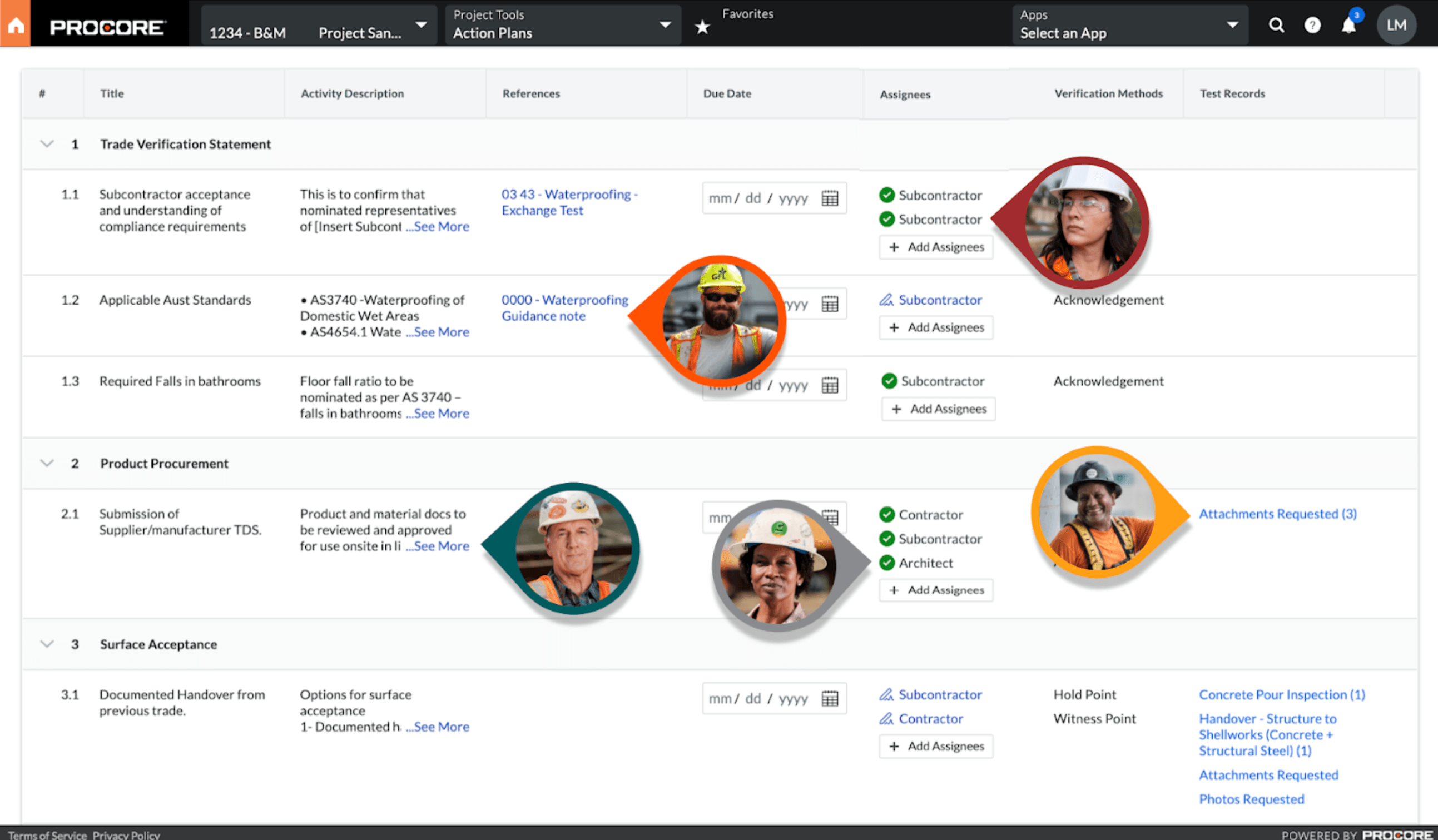 Procore's Action Plans tool UI