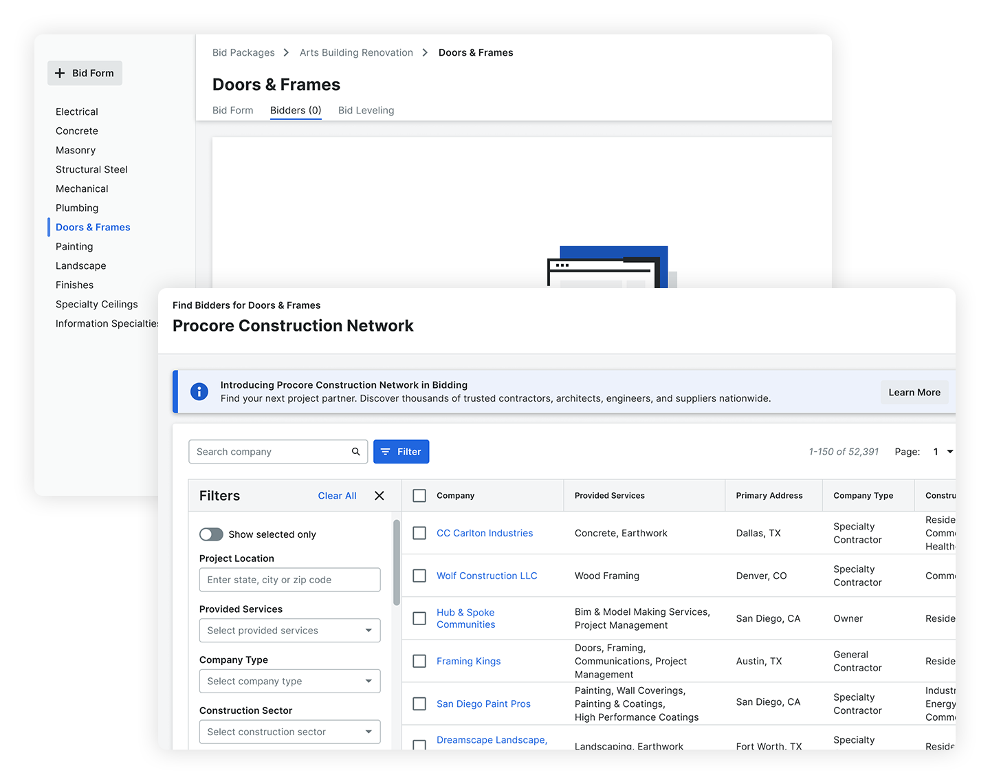 Screenshot of Procore's Bid management