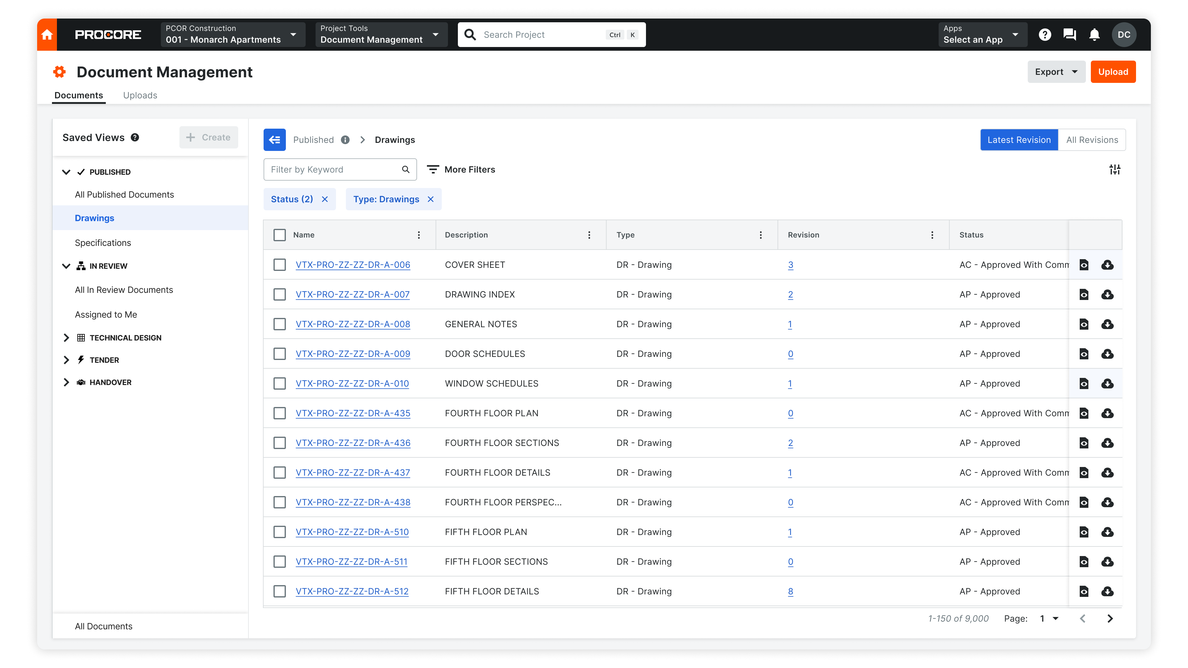 A screen showing Procore's document management tool
