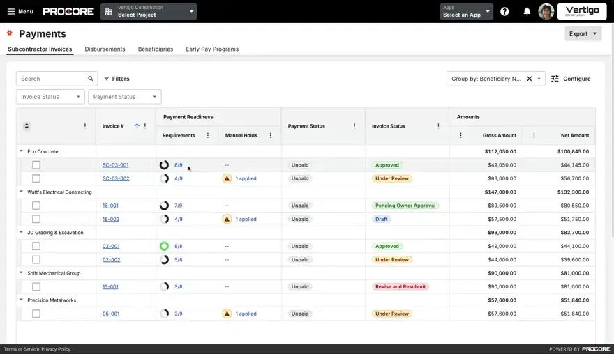 Animation of Procore's Pay product UI