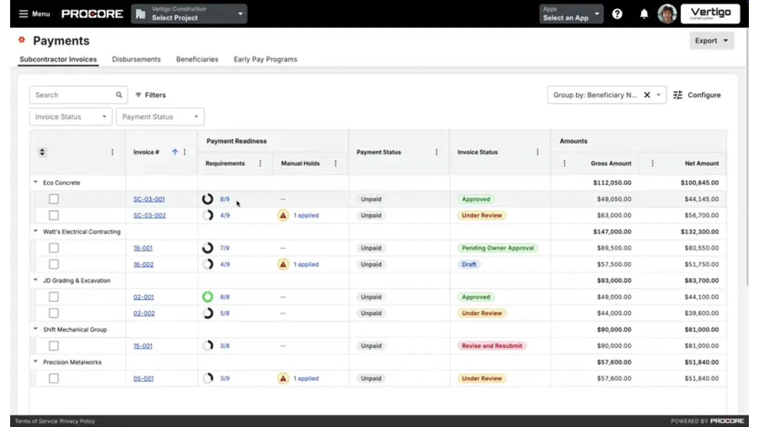 Animation of Procore's Pay product UI