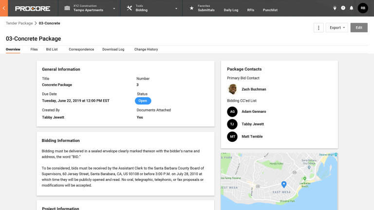 Procore Tender Management Product Screen