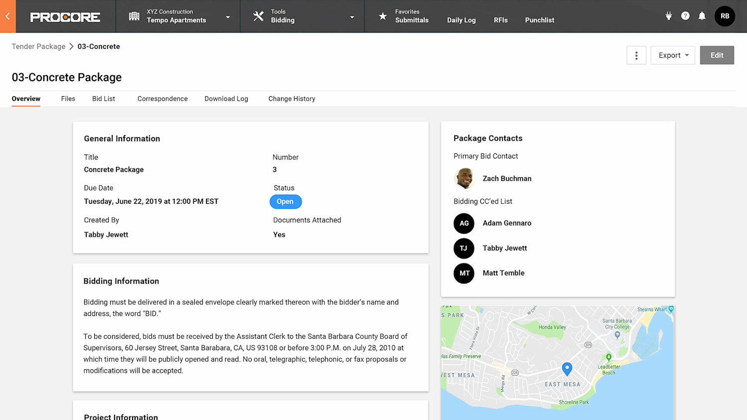 Procore tendering tool