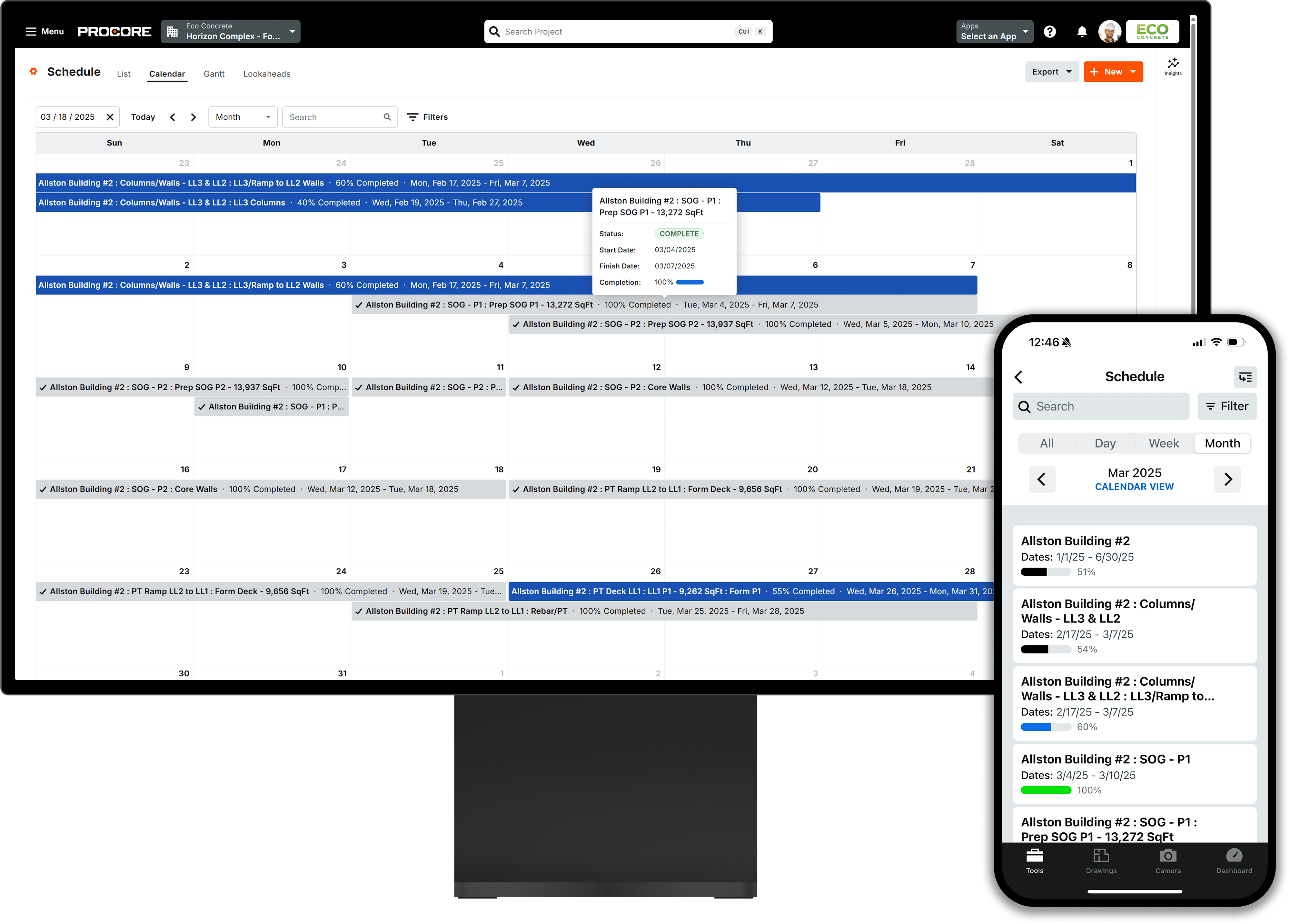 Procore's Schedule tool in a desktop and a phone