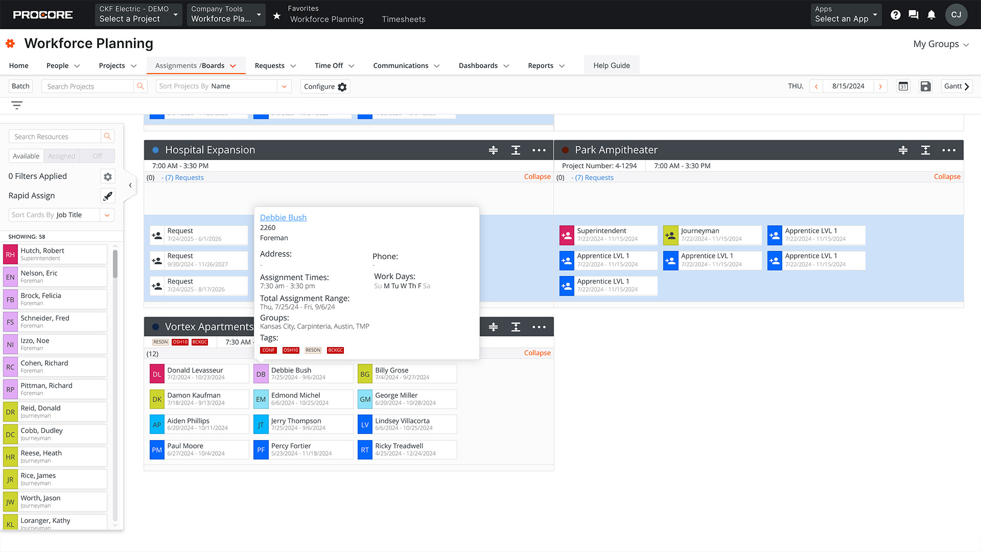 Screen of Procore's Workforce Planning tool