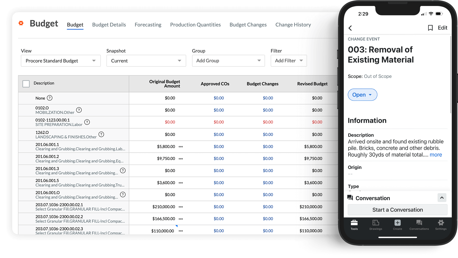 Procore's Budget screen