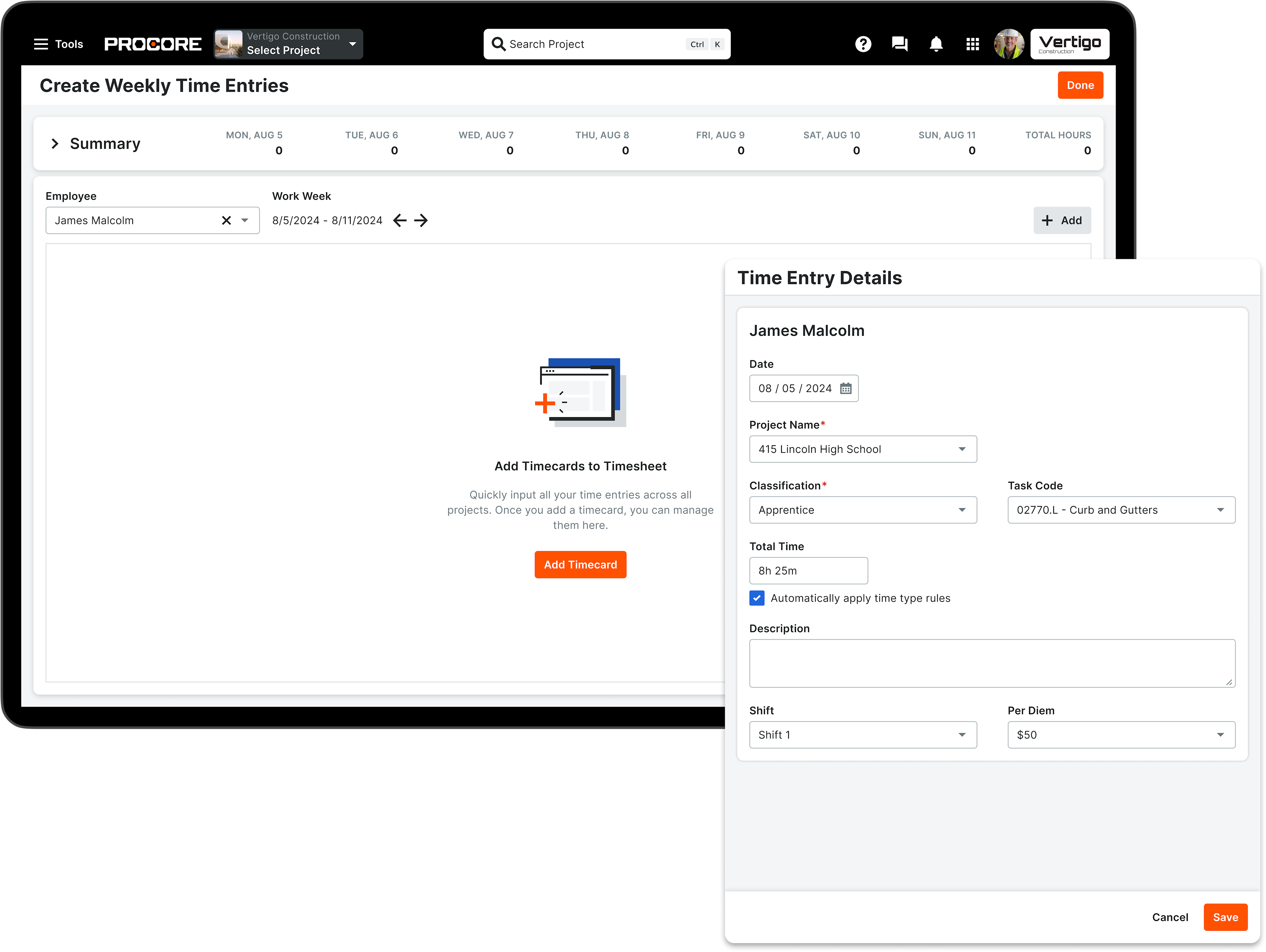 Procore's Timecard tool on a desktop