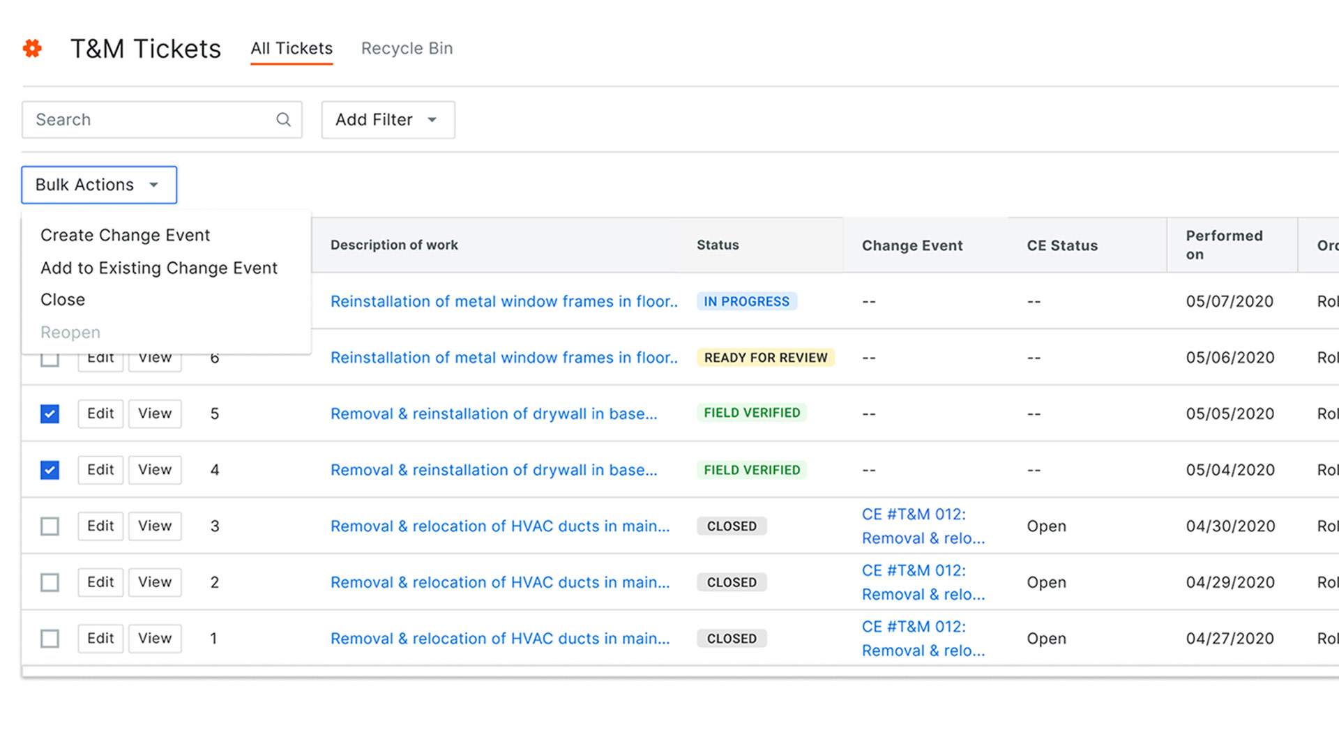 screen capture of procore time and material tickets