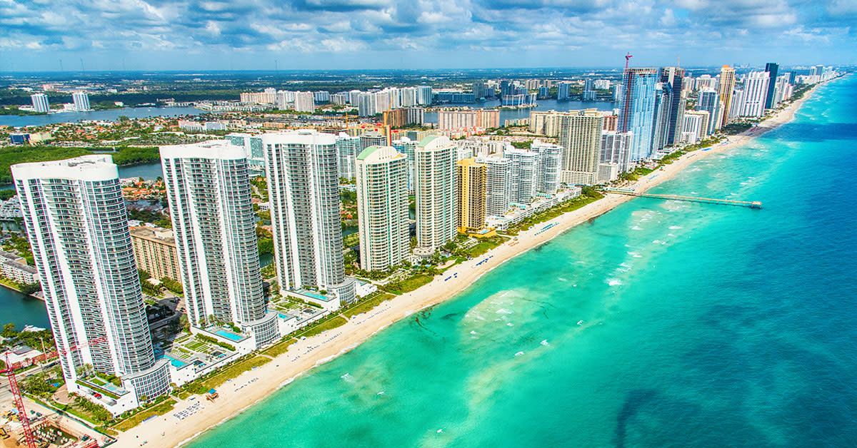Aerial view of buildings on the coast