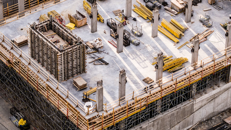 The rooftop of a building that is under construction