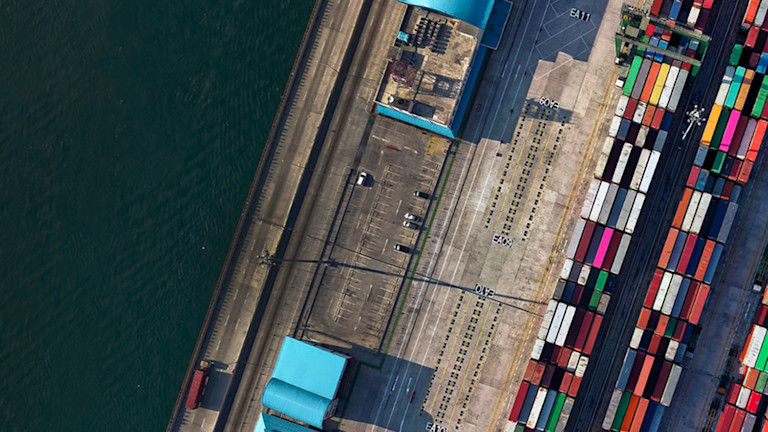 aerial view of a dock with containers