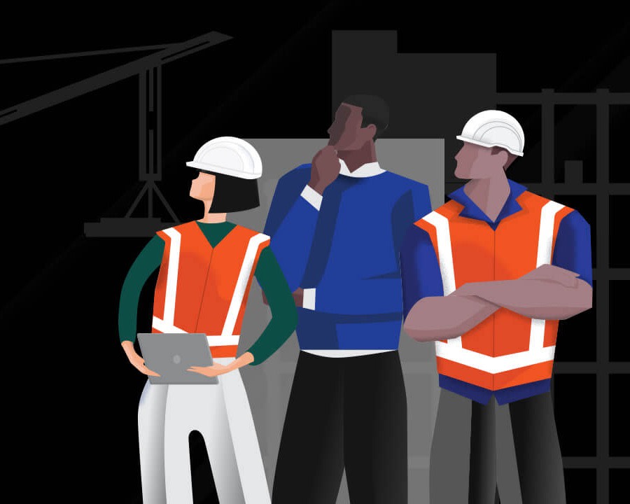 Three construction workers in safety gear at a building site at night.