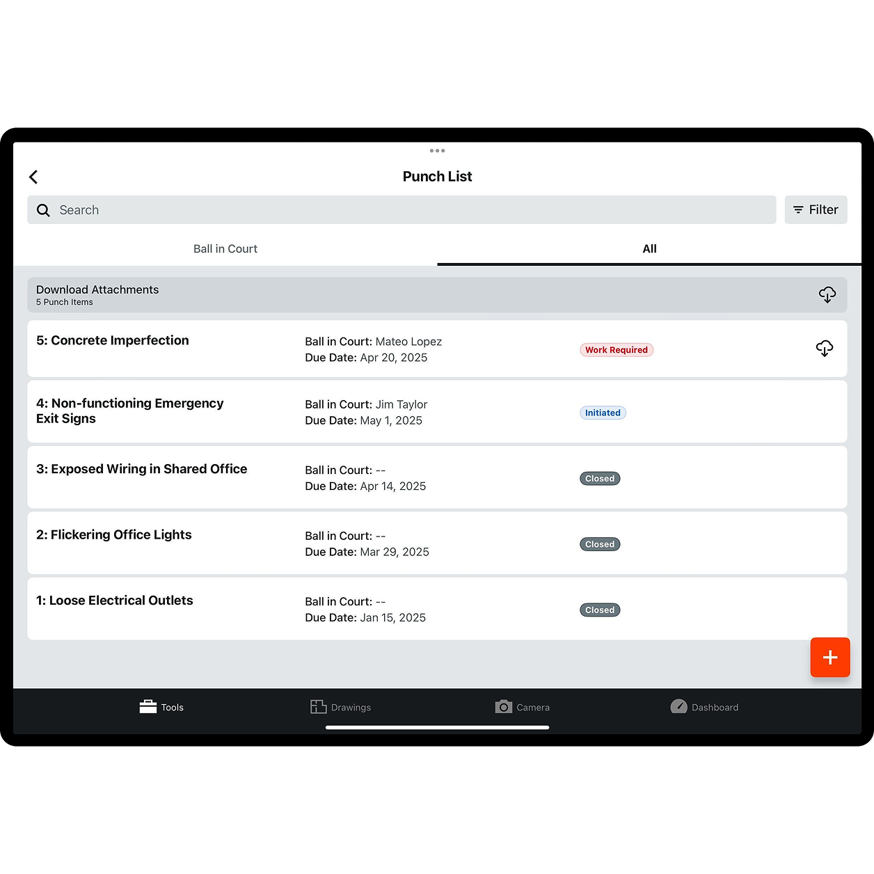Procore's punch list tool UI