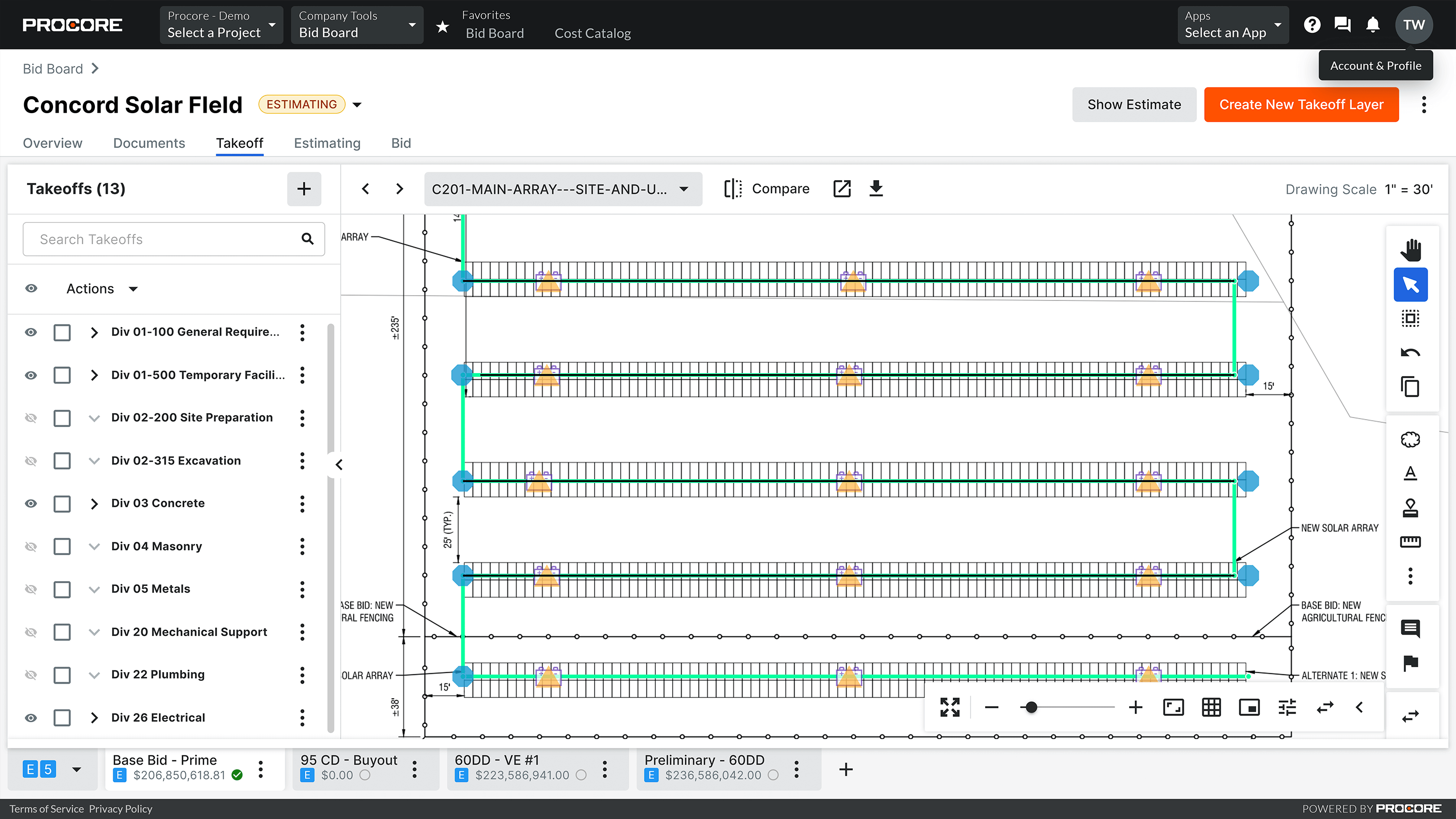 Screen capture of Procore's bid board