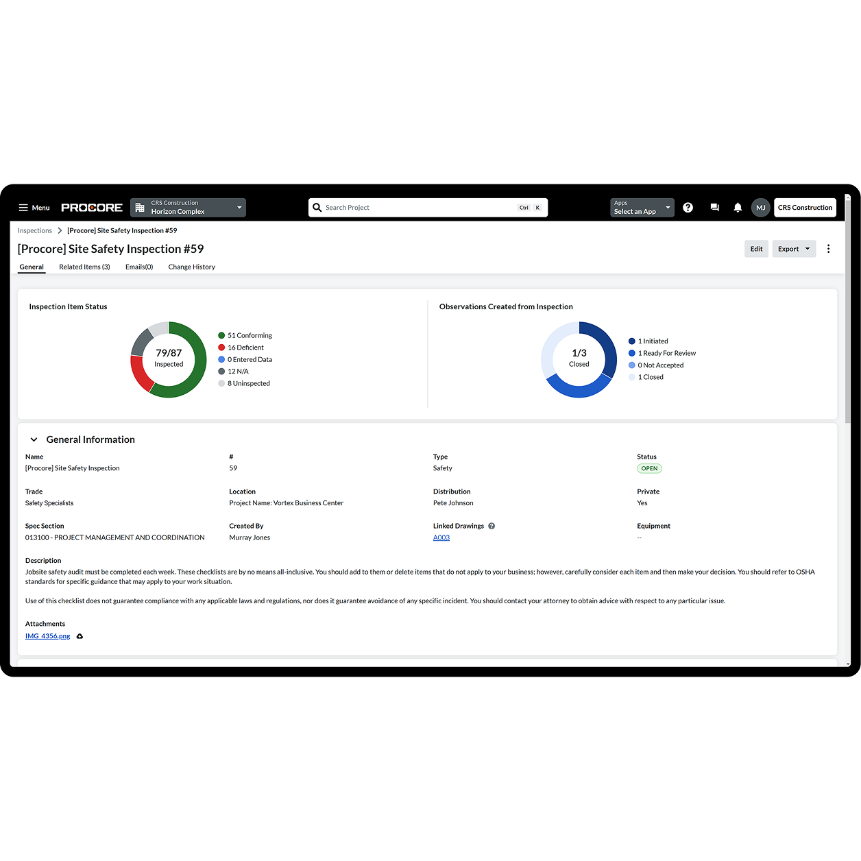 Procore's Inspections tool UI on a tablet