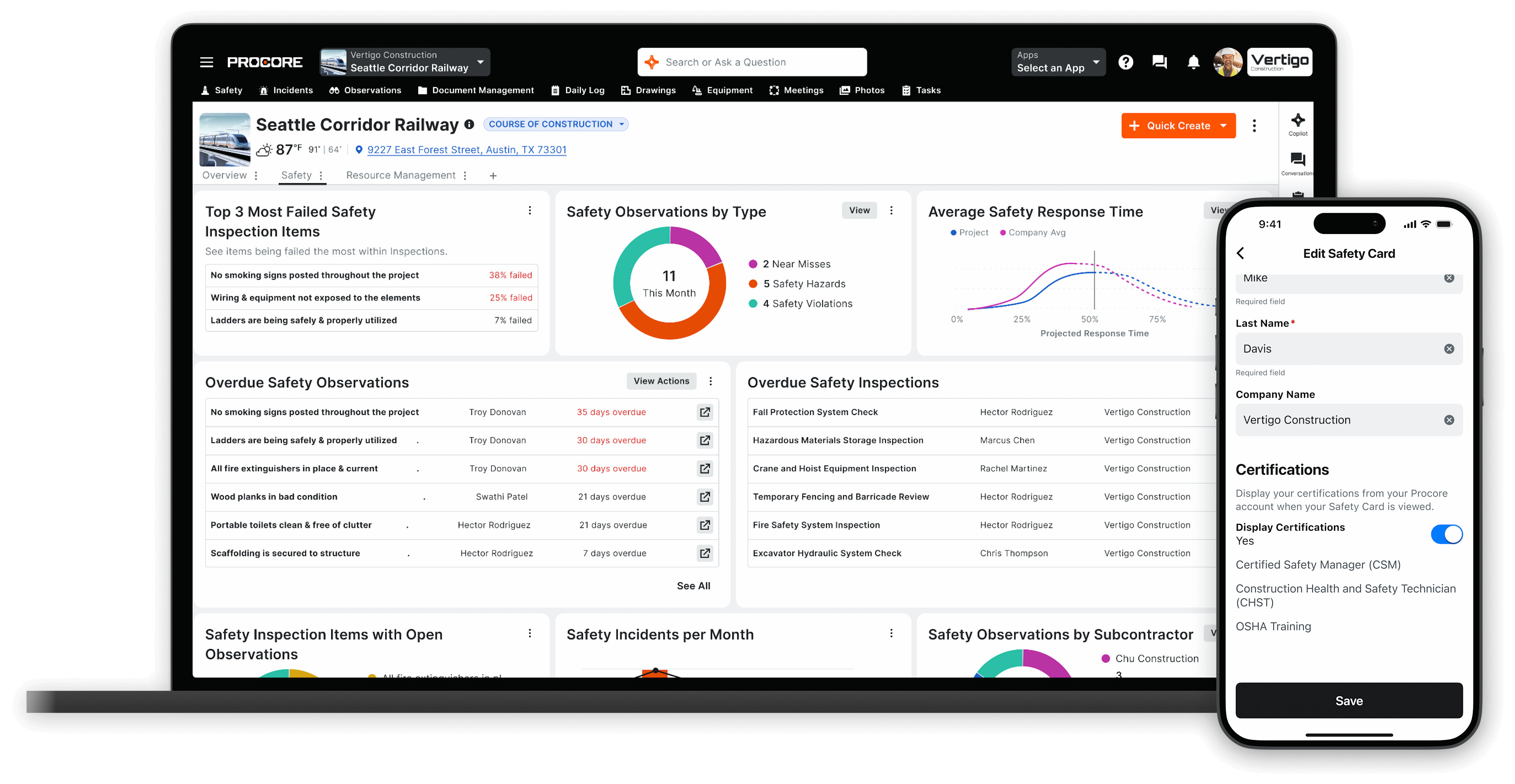Procore Safety dashboard on a phone and a laptop