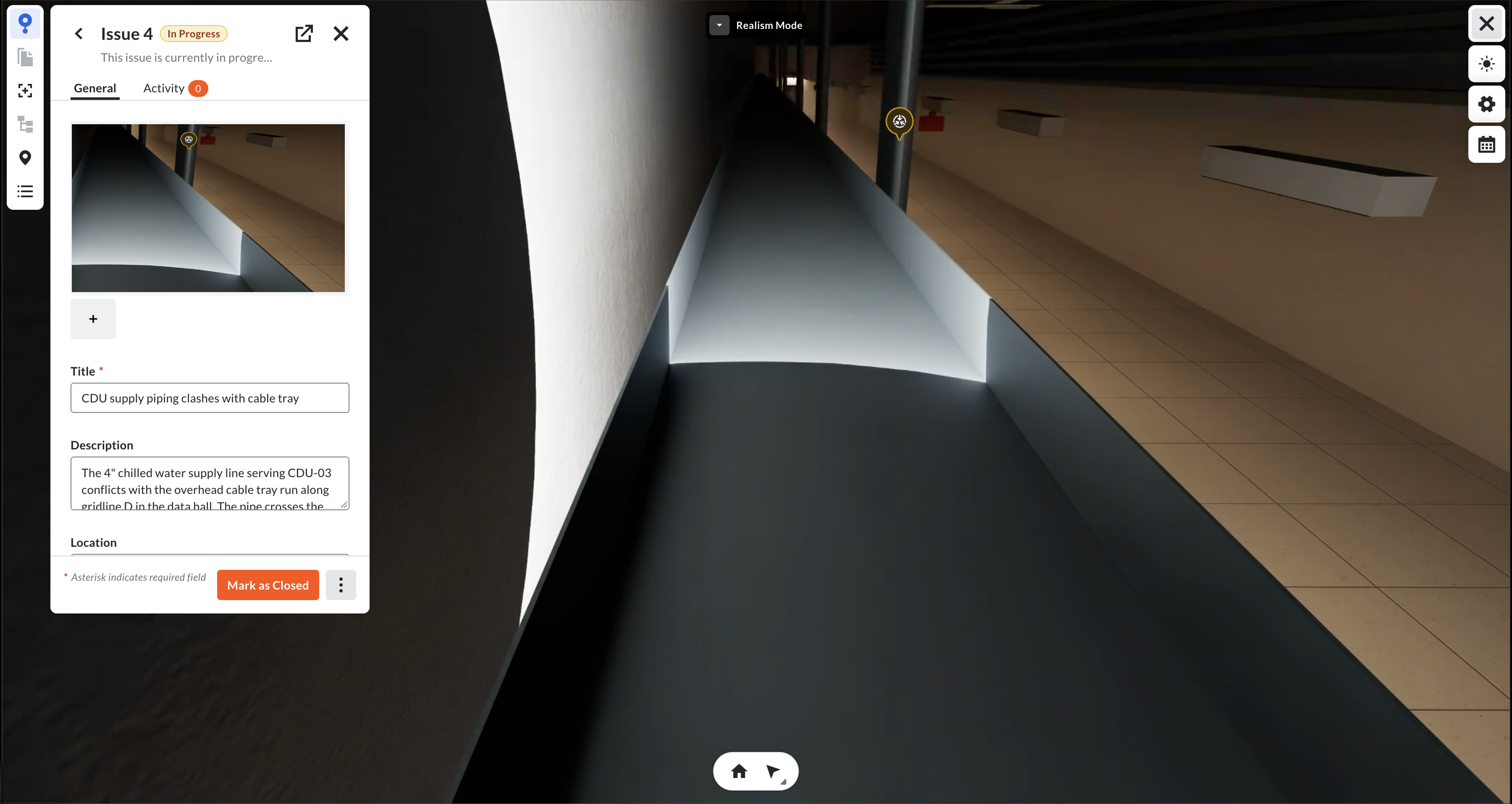Issue 4 dialog showing CDU supply piping clash with cable tray in 3D view