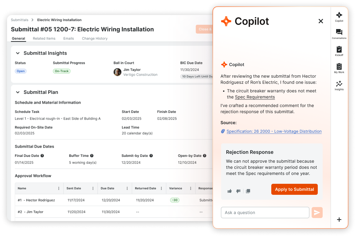 Procore's Copilot product screen