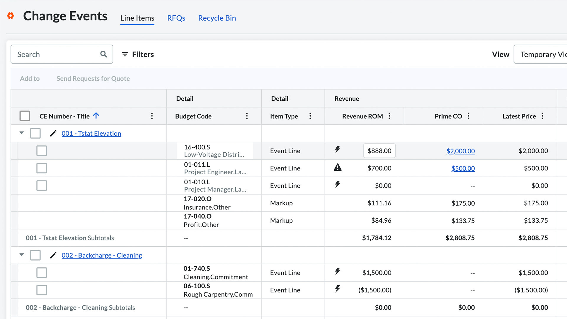 Procore Invoicing screen capture