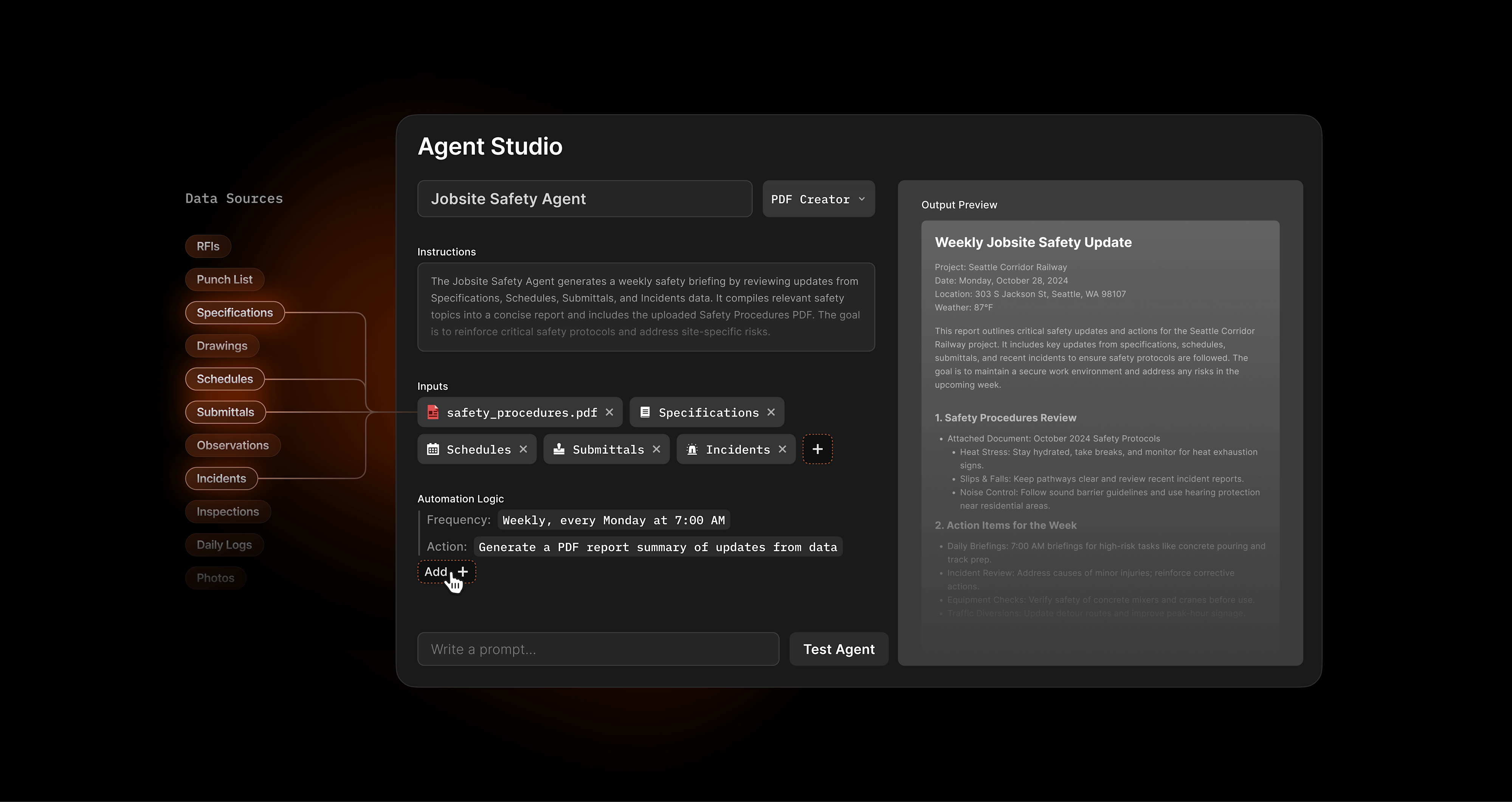 Procore Copilot Agent Studio product screen