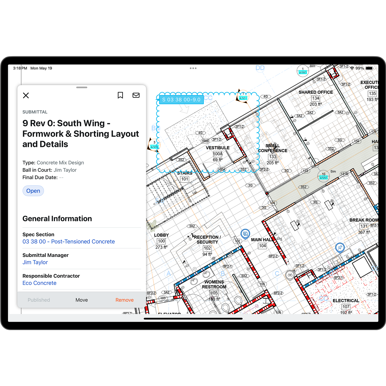 Procore's Submittals tool on a tablet