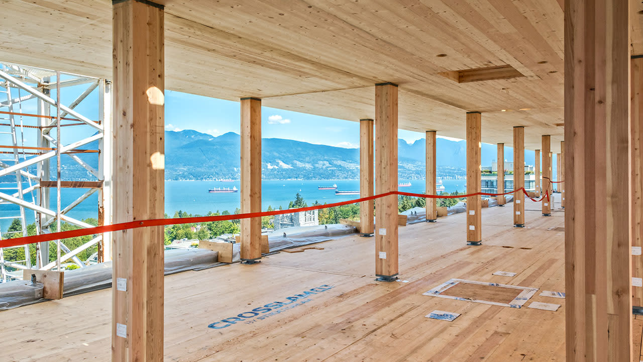 Inside of a building's construction looking at the sea