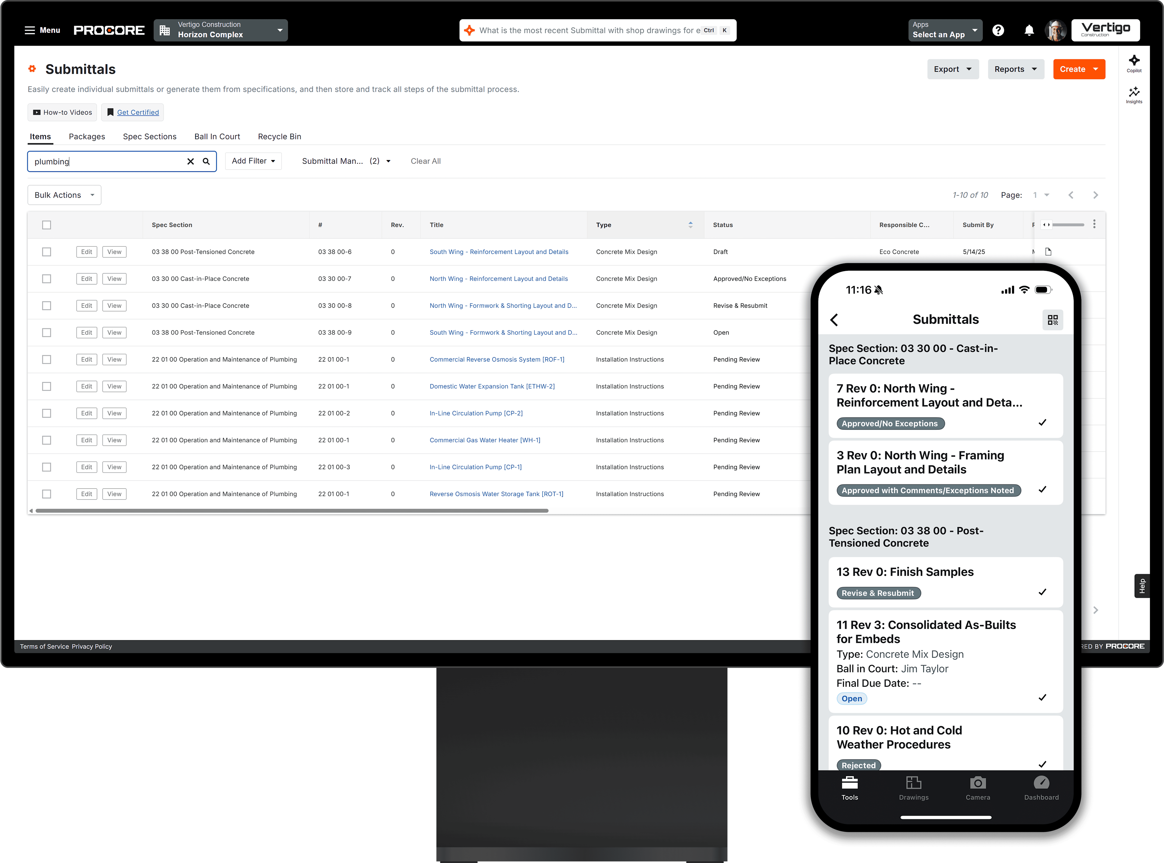 Procore's Submittals tool on a desktop and a phone