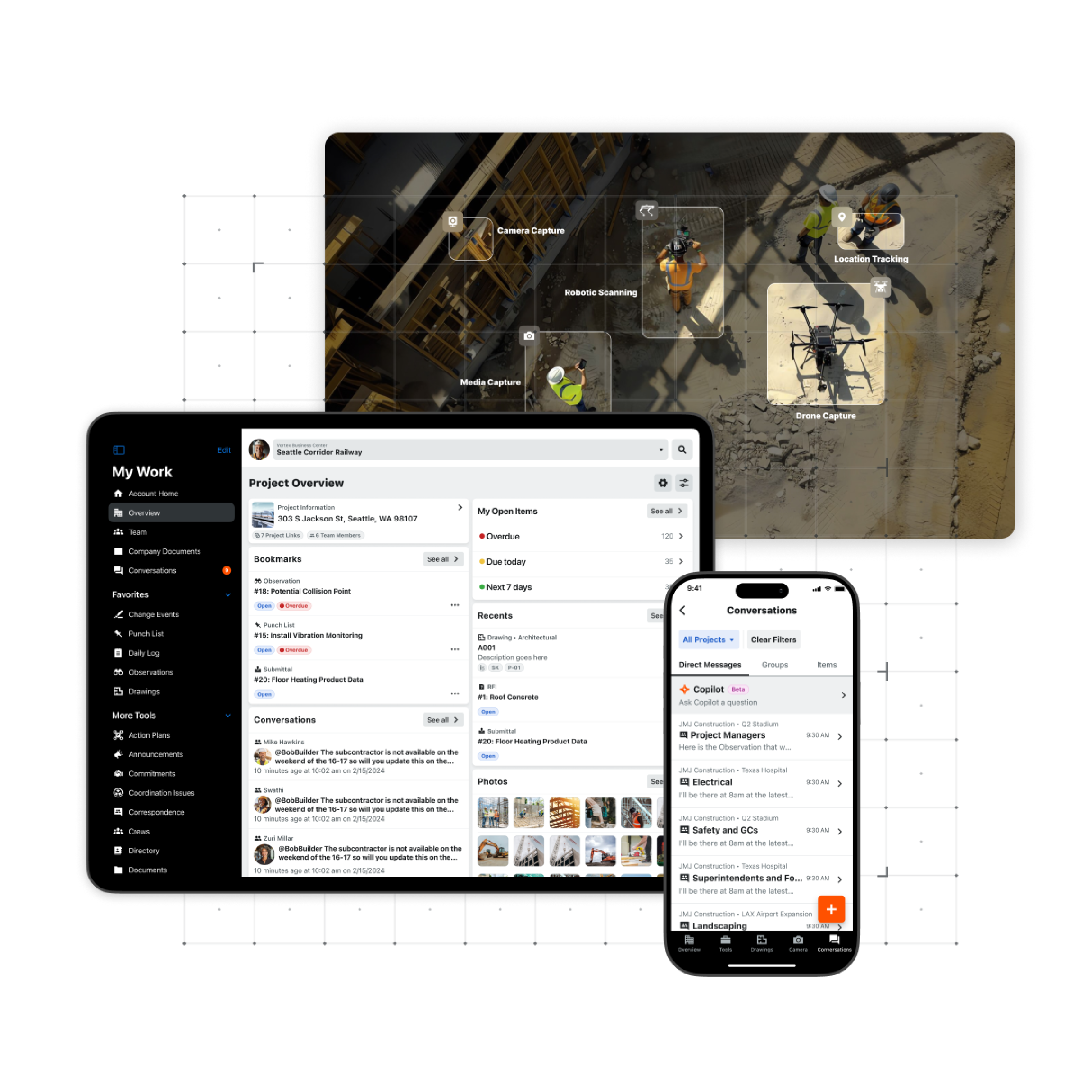 Procore's app on a desktop, tablet and phone