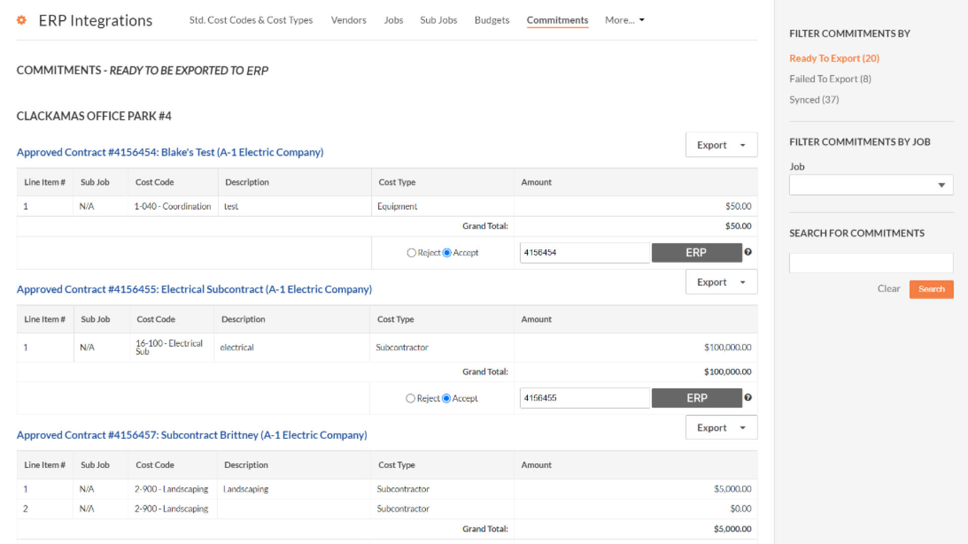 screen capture of commitments data on Procore