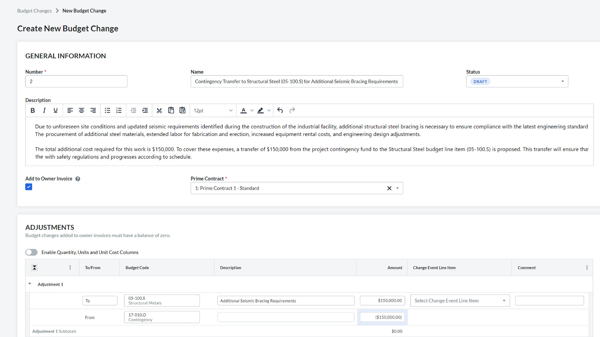 Screen of Procore's Budget tool