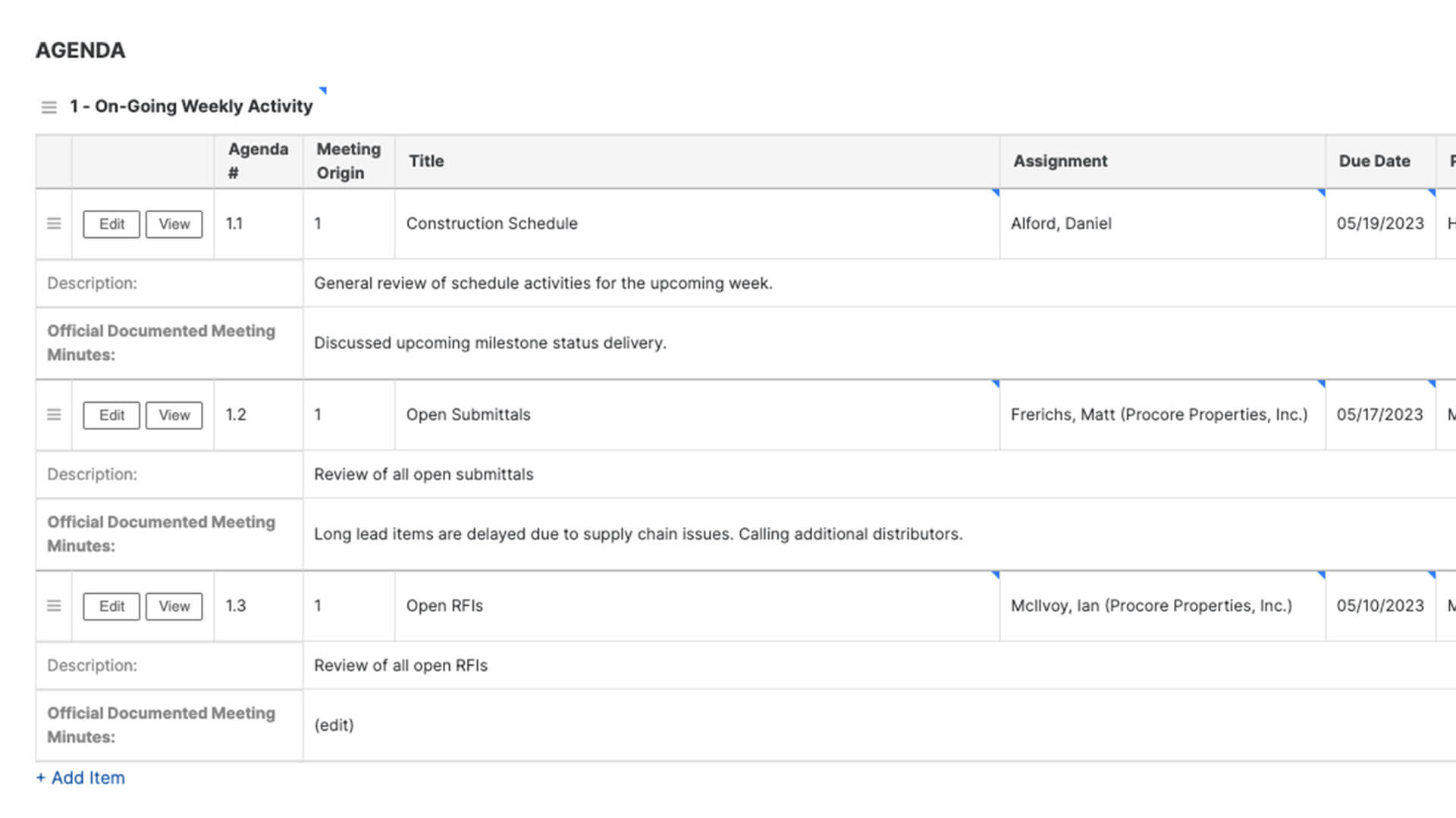 Screen capture of Procore's Agenda tool
