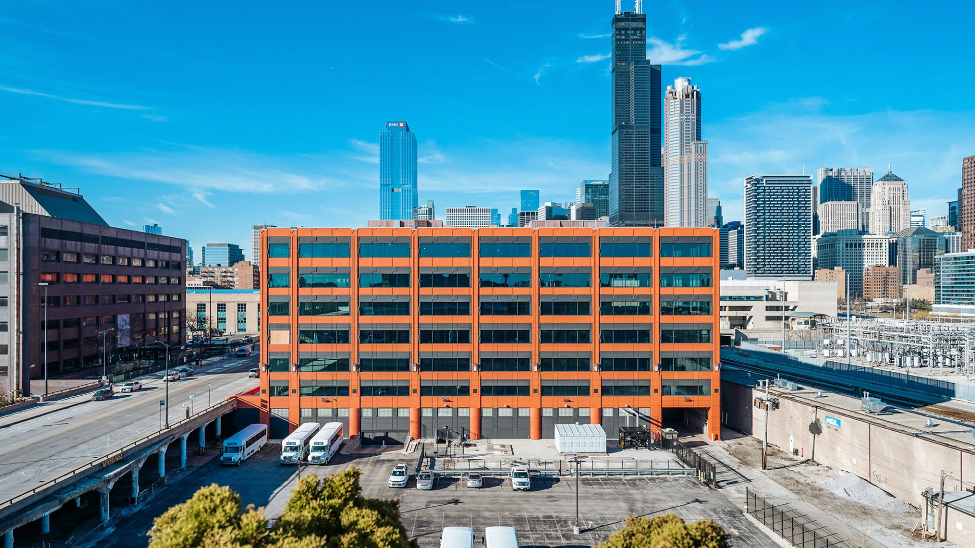 Aerial view of a building and a parking lot