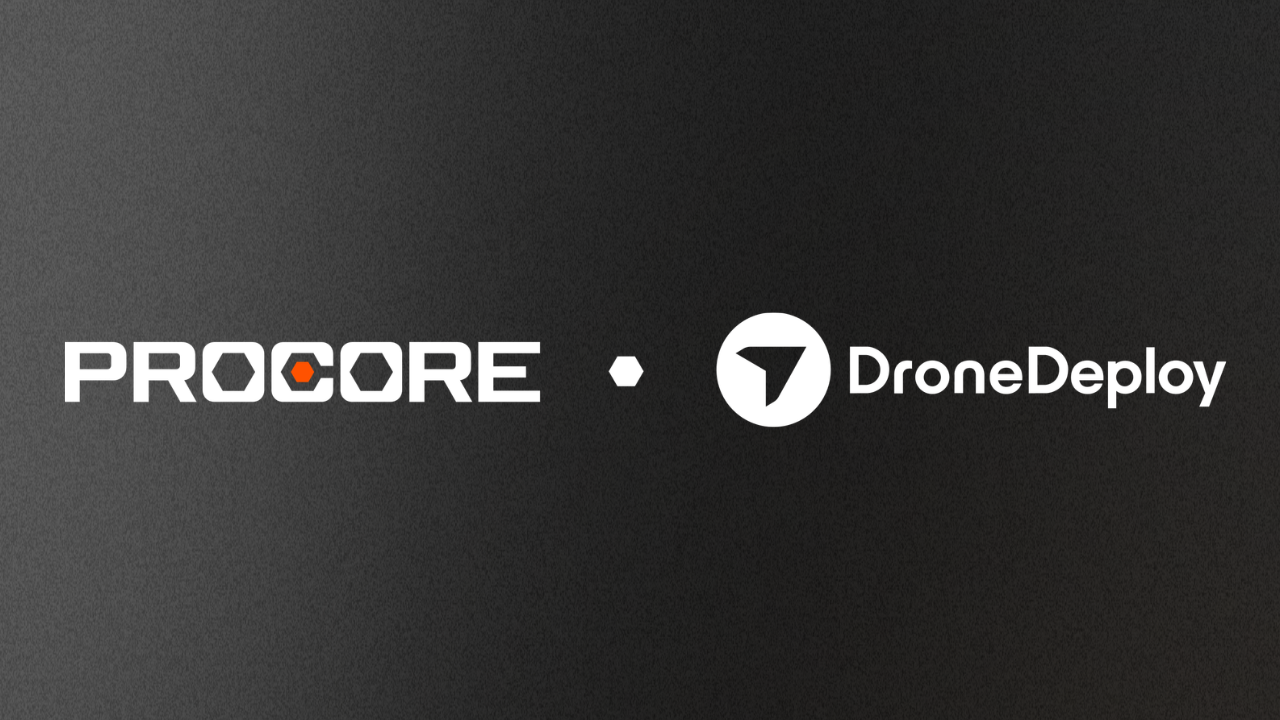 PROCORE and DroneDeploy logos connected by a dot on dark background