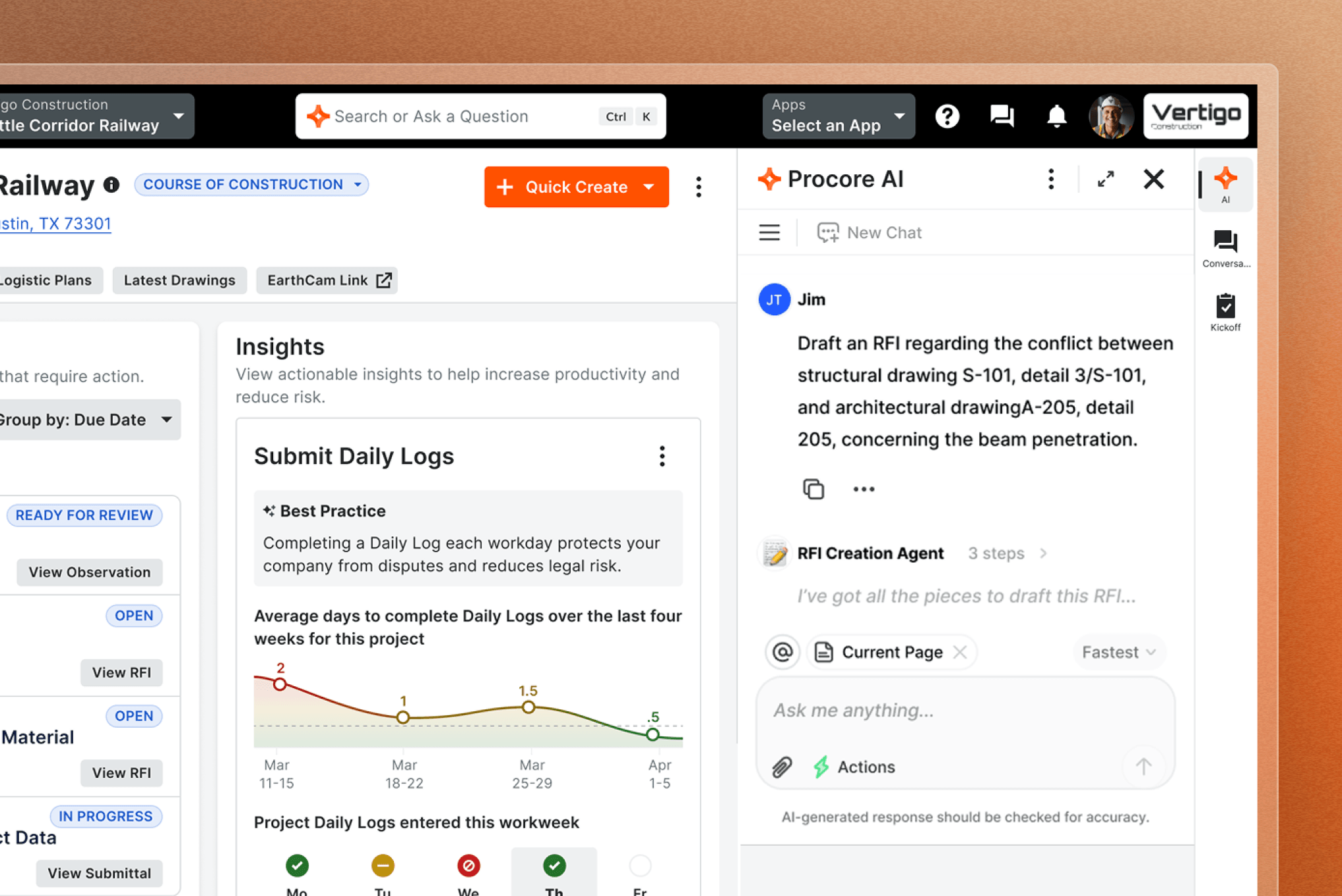Construction project management interface showing Procore AI chat with RFI draft request and daily logs insights chart.