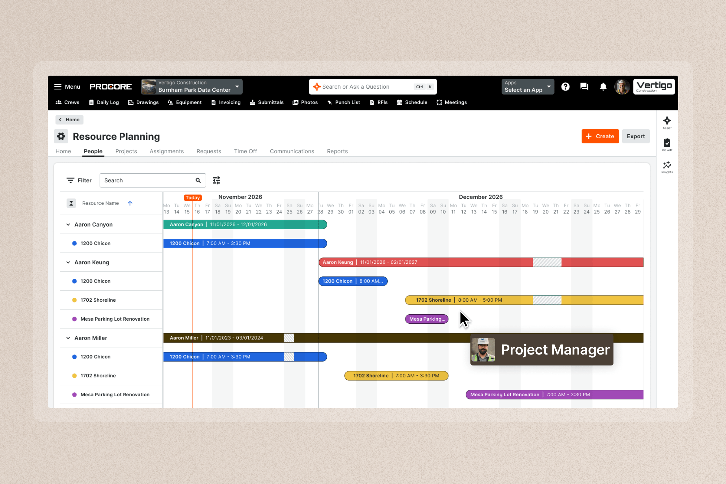 Project management dashboard showing financial scorecard with budget metrics and portfolio health pie chart displaying project status.