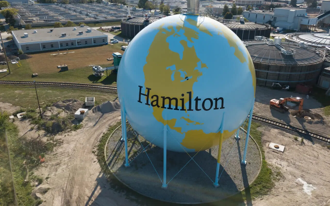 A water tower painted as an earth globe