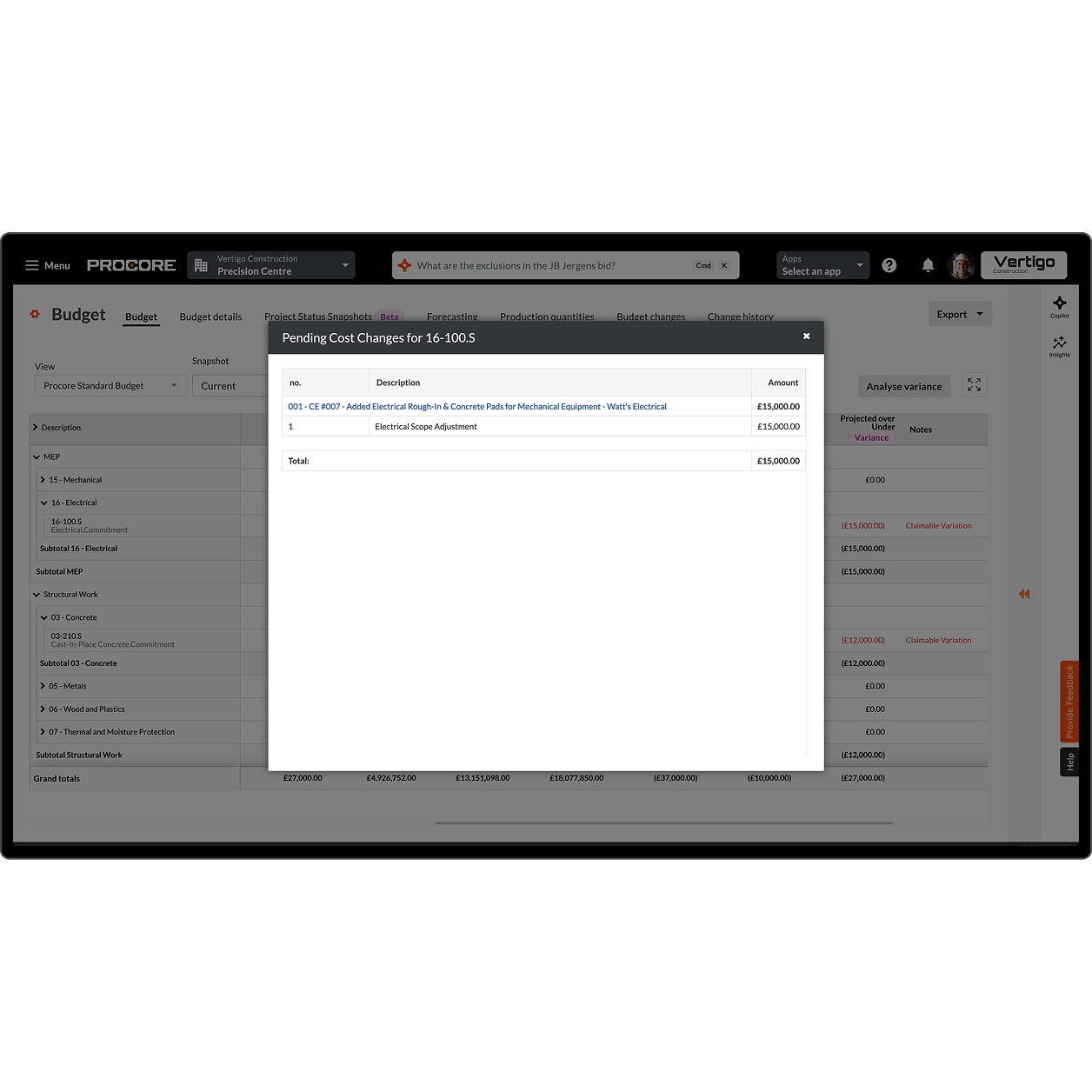 Procore's Budget tool on a desktop