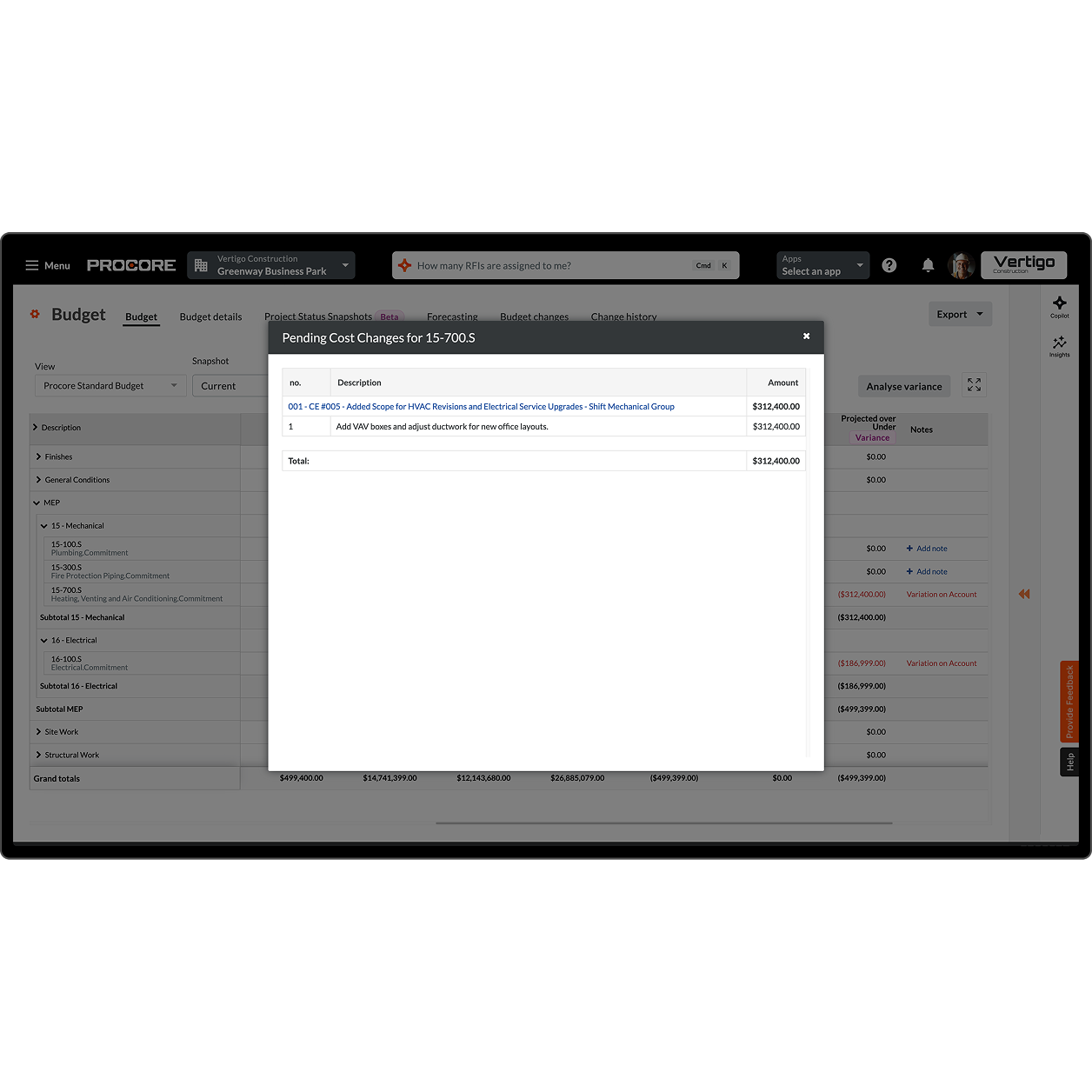 Procore's Budget tool on a desktop
