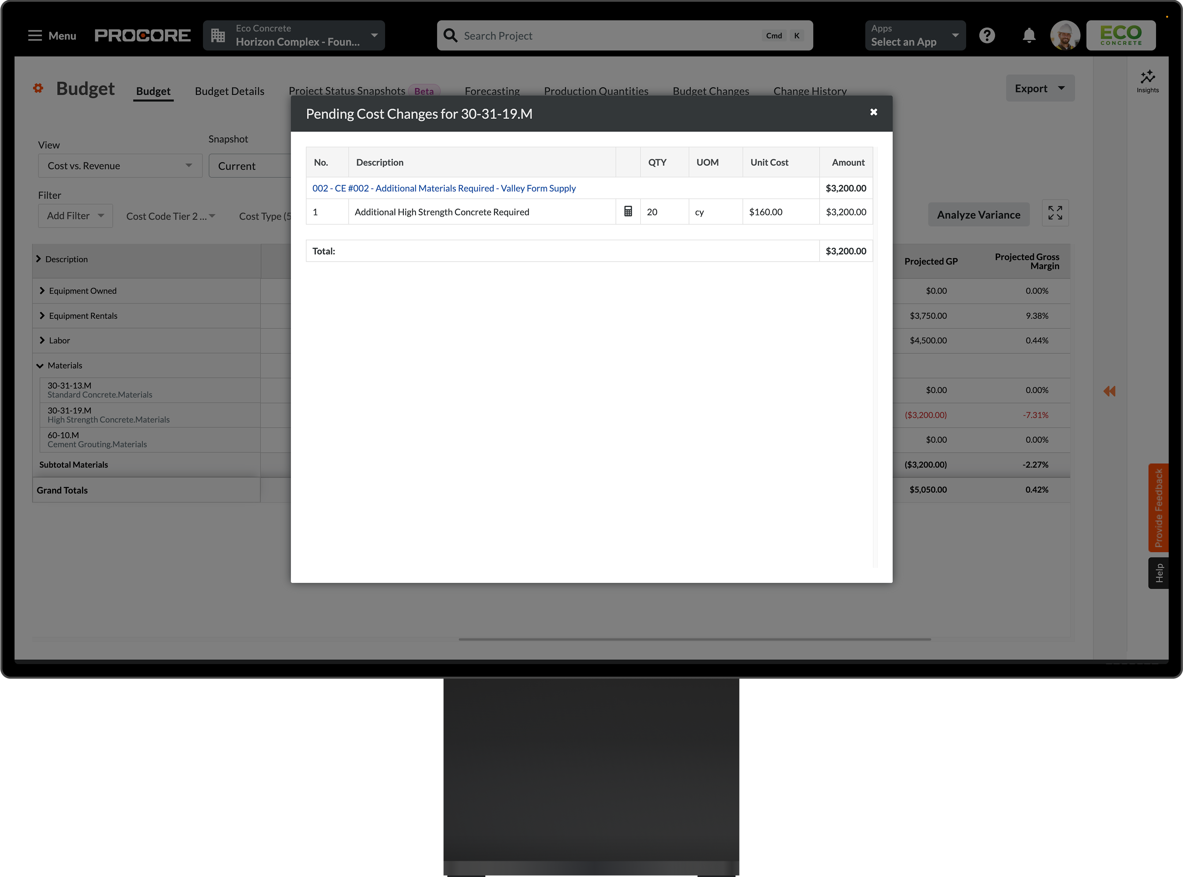 Procore's Budget tool on a desktop