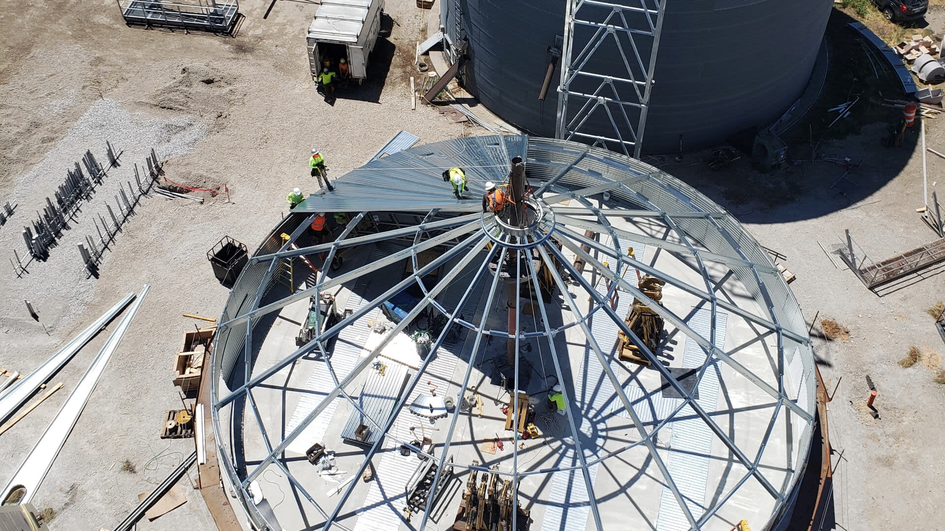 Aerial view showcasing a large, intricate metal structure