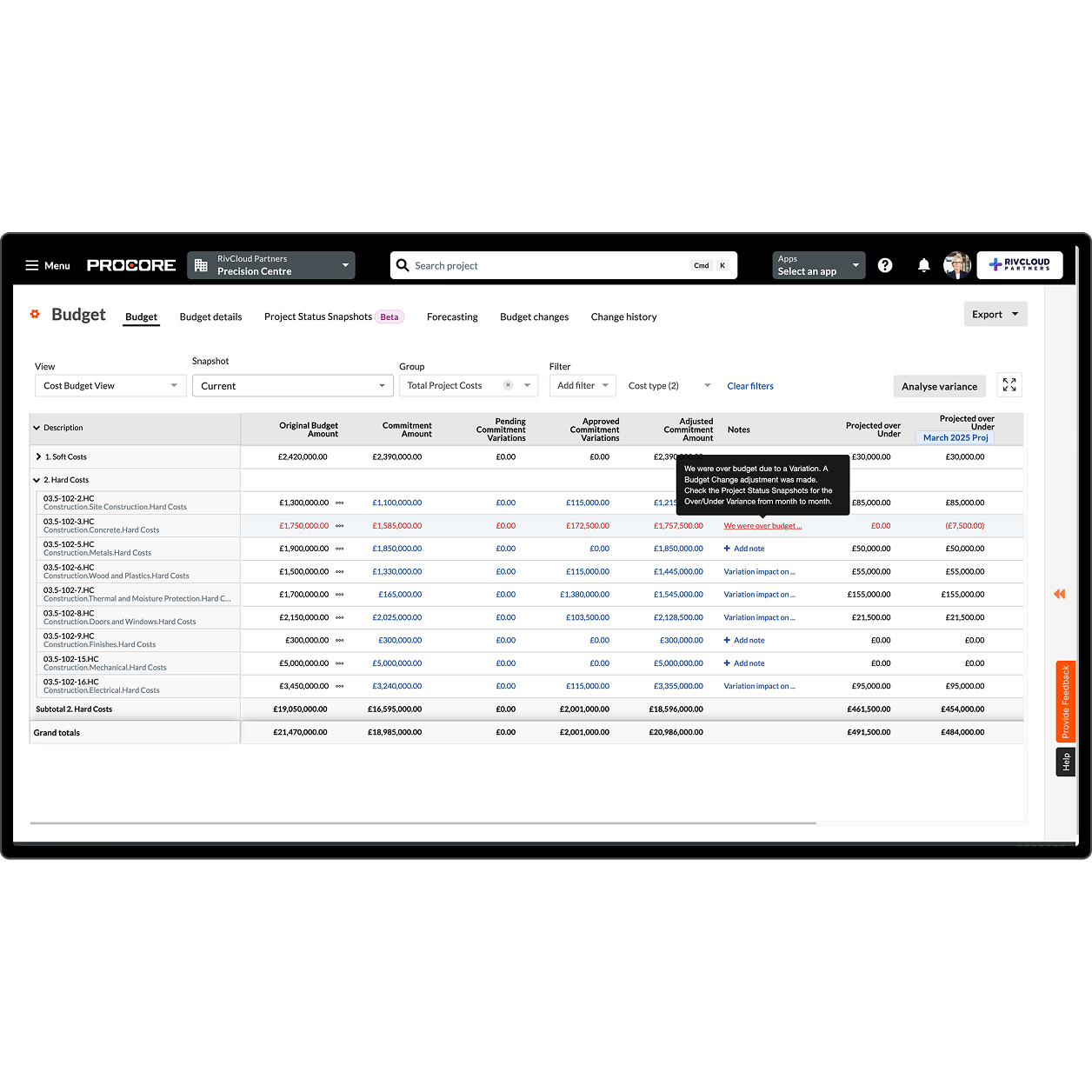Procore' Budget tool on a desktop