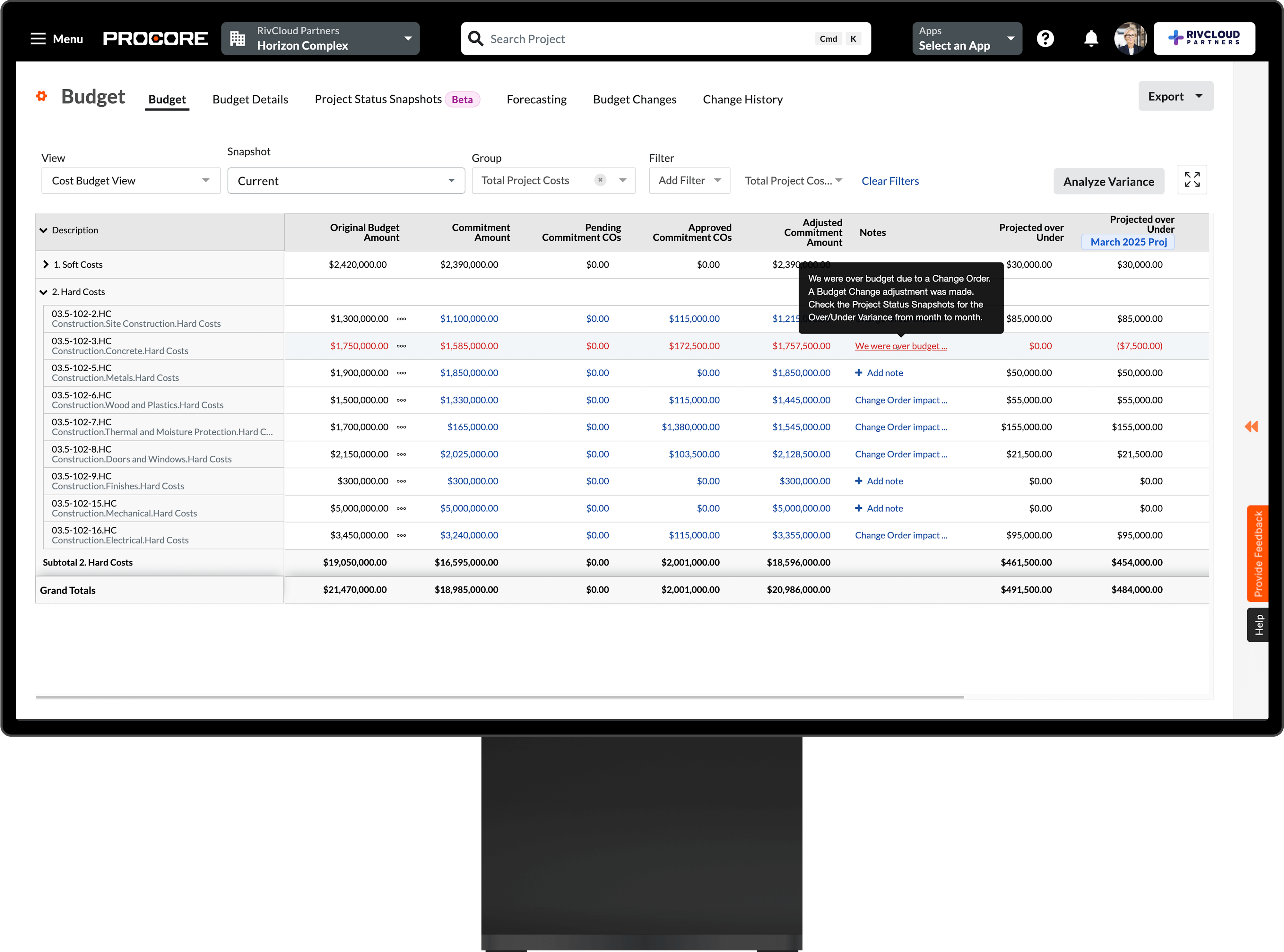 Procore' Budget tool on a desktop