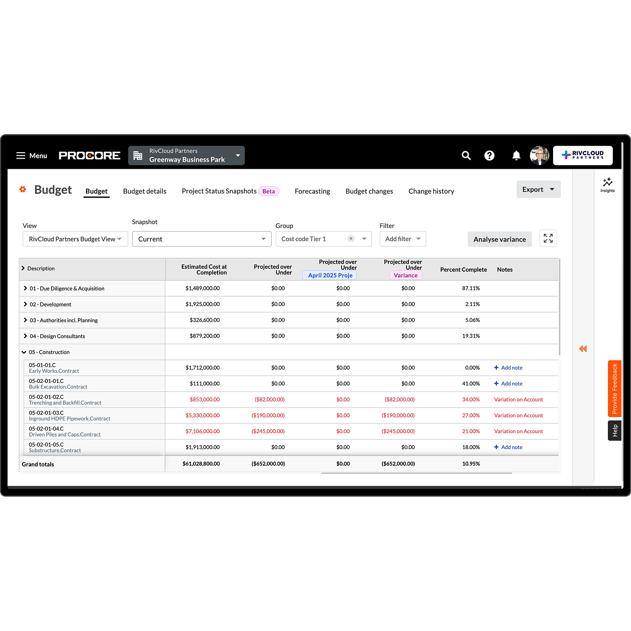 Procore' Budget tool on a desktop