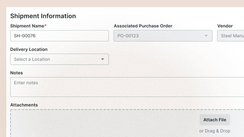 Shipment Information form with fields for shipment name, purchase order, vendor, delivery location, notes, and attachments.