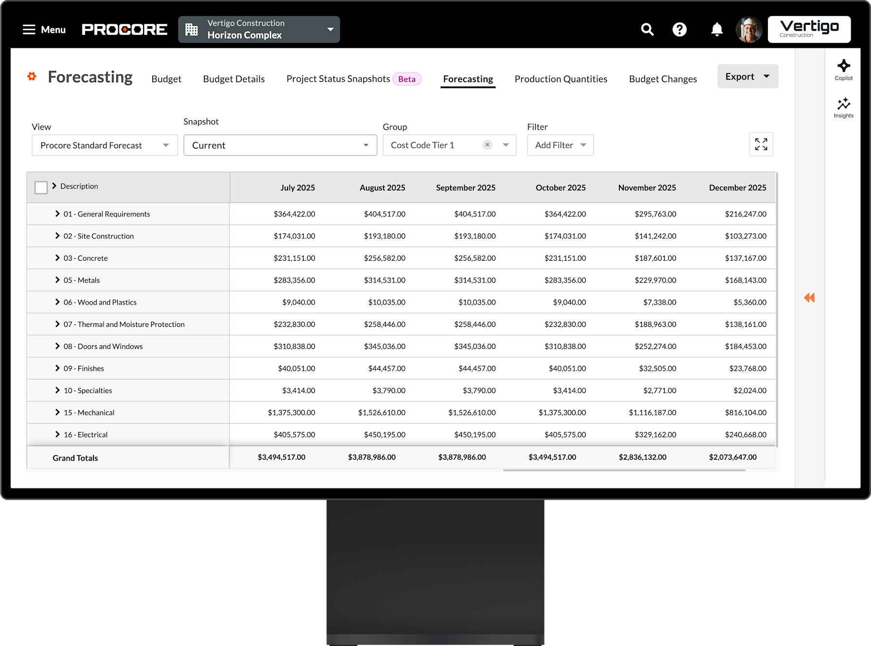 Procore's Budget tool on a desktop