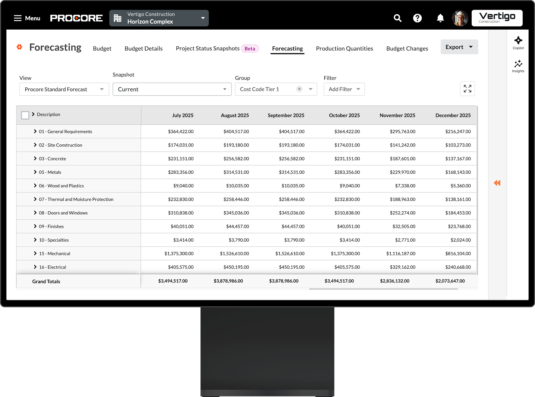 Procore's Budget tool on a desktop