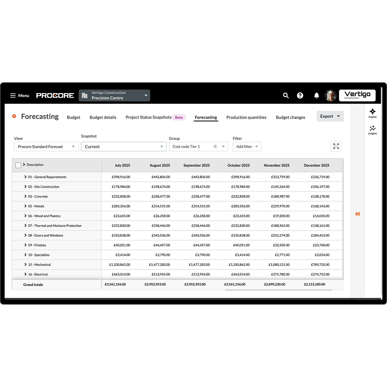 Procore's Budget tool on a desktop