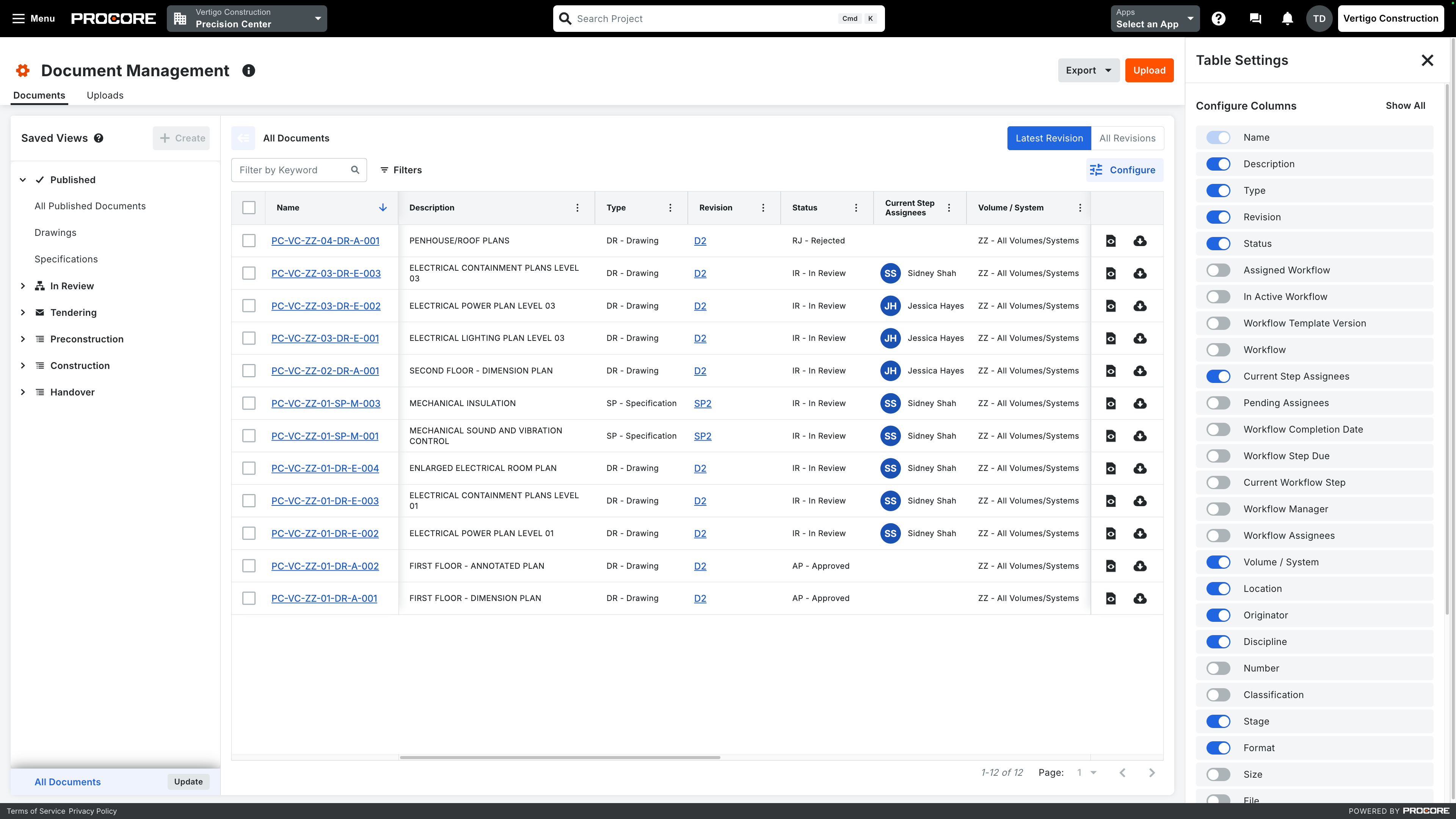 Procore's Document Management tool screen