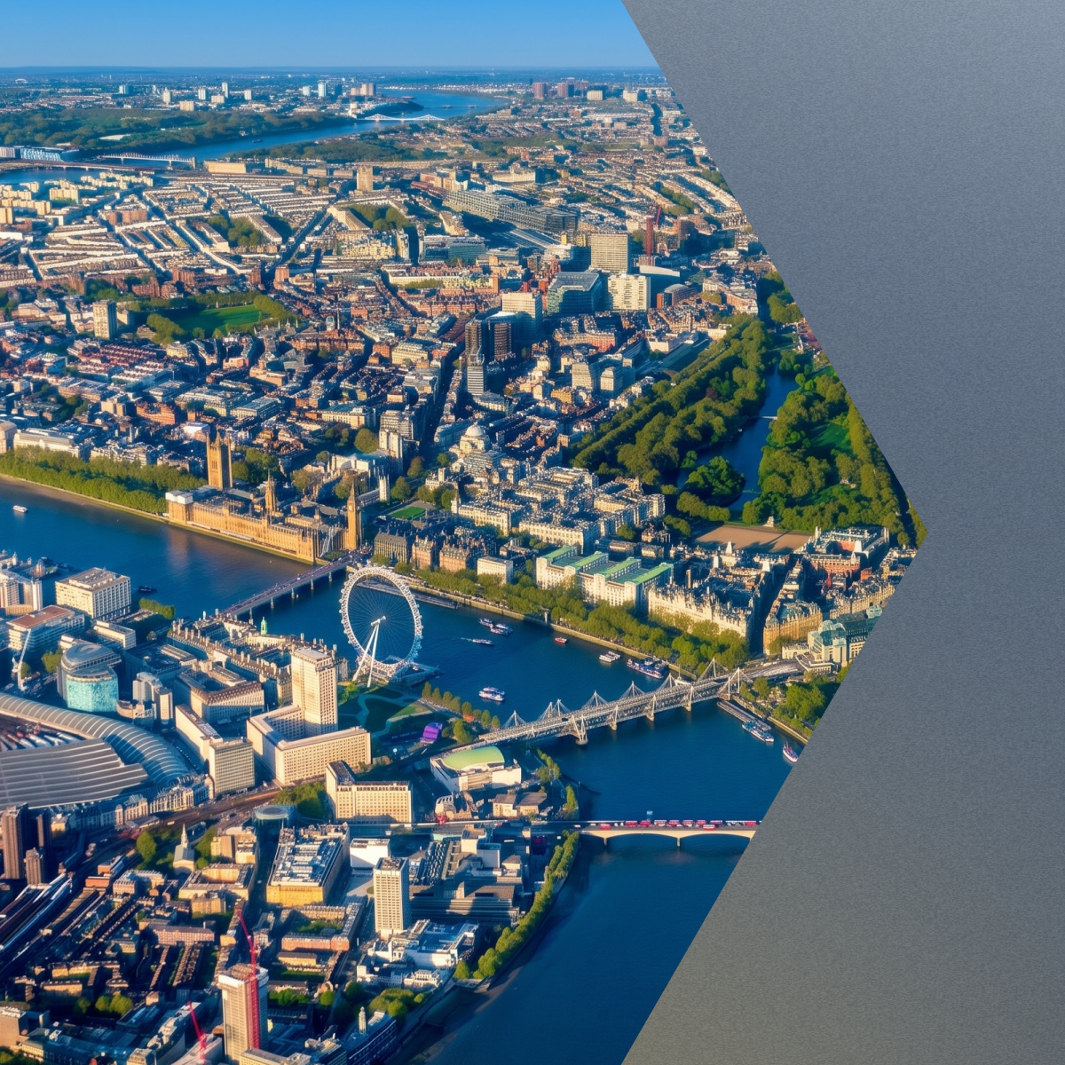Aerial view of London cityscape with Thames River, buildings, and landmarks in hexagonal frame against gray background.