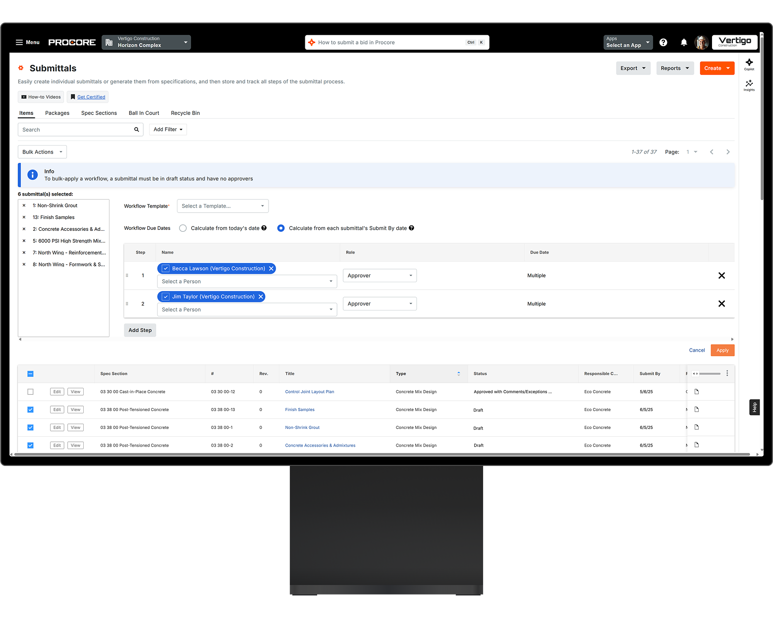 Procore's Submittals tool on a desktop